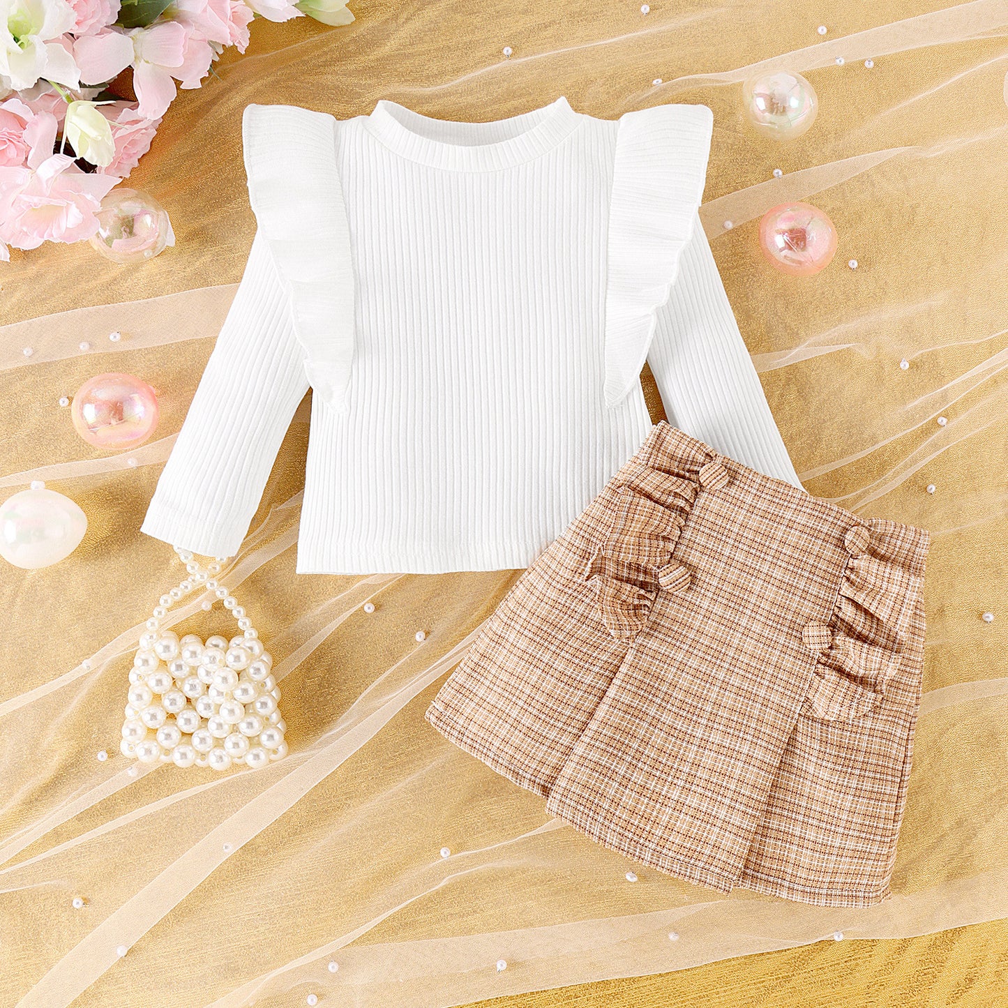 Cross-border Sunken Stripe Long Sleeve Classic Style Plaid Short Skirt Two-piece Set