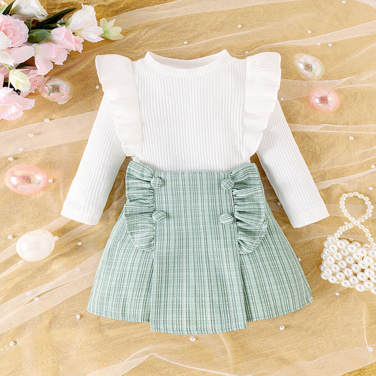 Cross-border Sunken Stripe Long Sleeve Classic Style Plaid Short Skirt Two-piece Set