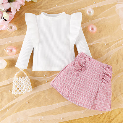 Cross-border Sunken Stripe Long Sleeve Classic Style Plaid Short Skirt Two-piece Set