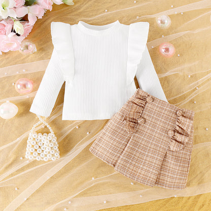 Cross-border Sunken Stripe Long Sleeve Classic Style Plaid Short Skirt Two-piece Set